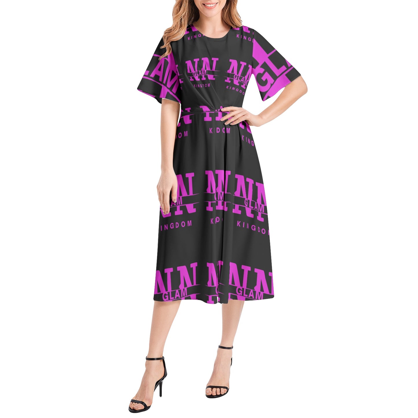 NN Short Sleeve Waist Folding Midi Dress
